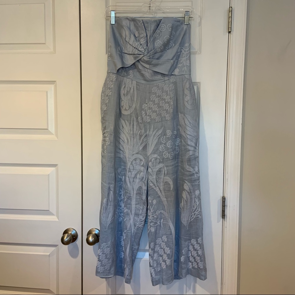 Aijek Embroidered Strapless Jumpsuit Silver Blue